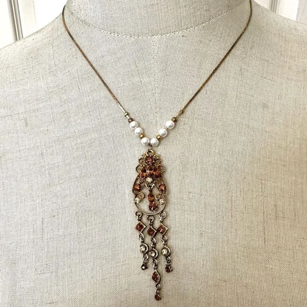 Faux pearl brown rhinestone vintage pendant necklace